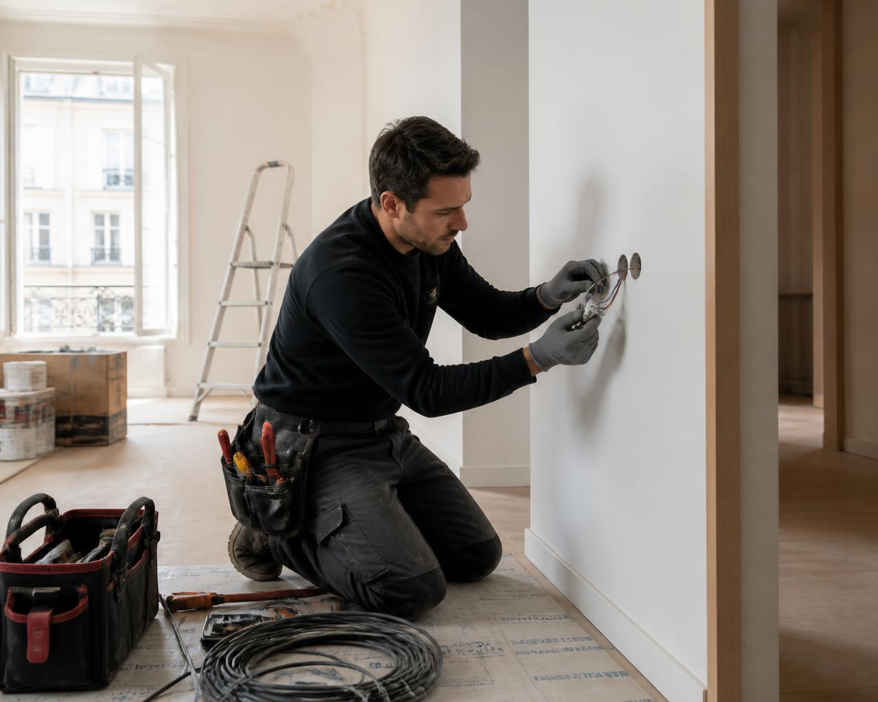 Artisan électricien en intervention sur un chantier de rénovation à Lyon